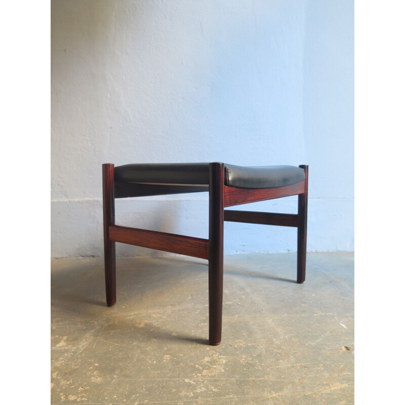 Vintage stool made of rosewood and faux black leather