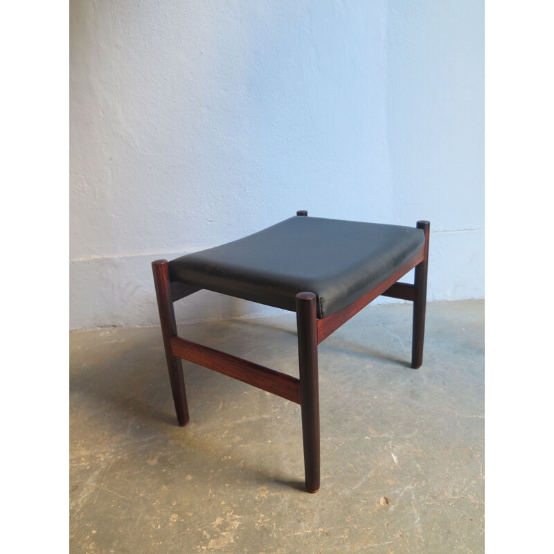 Vintage stool made of rosewood and faux black leather