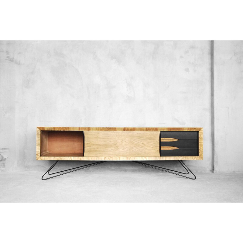 Vintage Low Sideboard in ash with Hairpin Legs 1960s