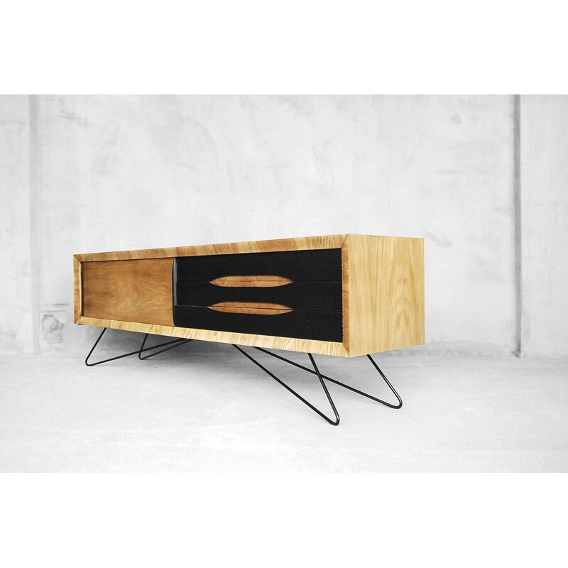 Vintage Low Sideboard in ash with Hairpin Legs 1960s