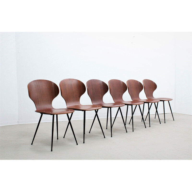 Set of 6 vintage Carlo Ratti dining chairs in teak and metal