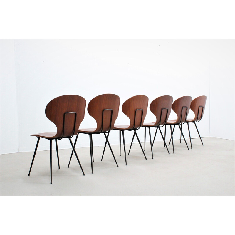 Set of 6 vintage Carlo Ratti dining chairs in teak and metal
