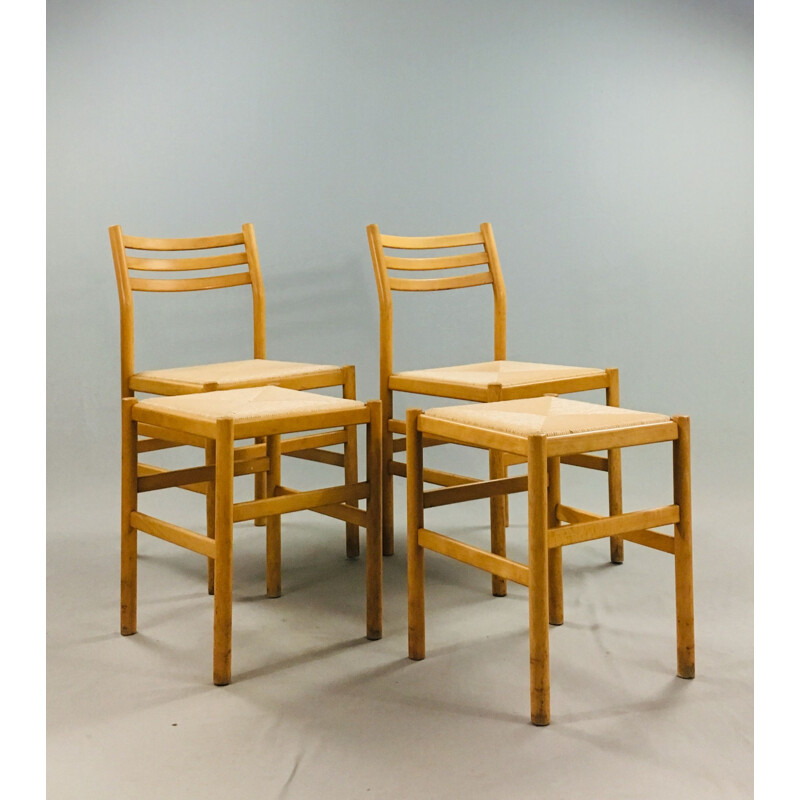 Suite de 2 chaises et 2 tabourets vintage en hêtre et paille de Pierre Gautier Delaye