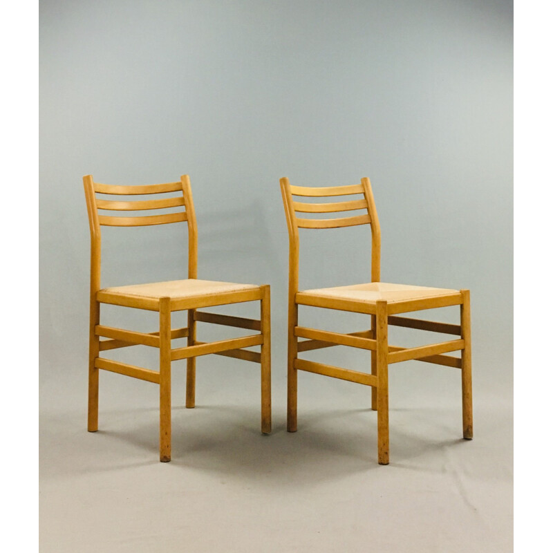 Set of 2 vintage chairs and 2 stools in beech and straw by Pierre Gautier Delaye