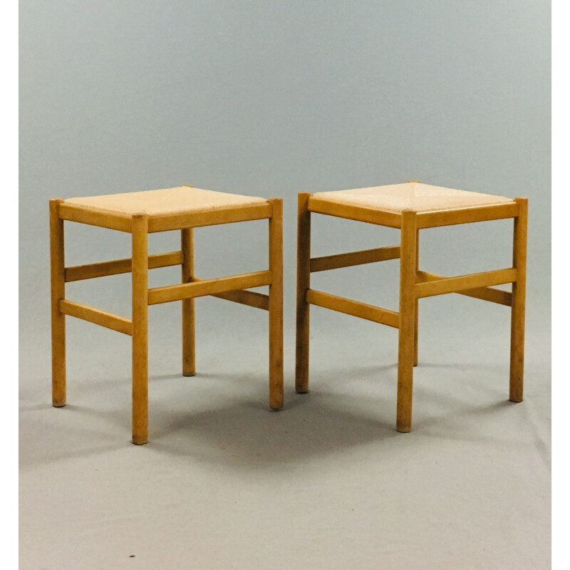 Set of 2 vintage chairs and 2 stools in beech and straw by Pierre Gautier Delaye