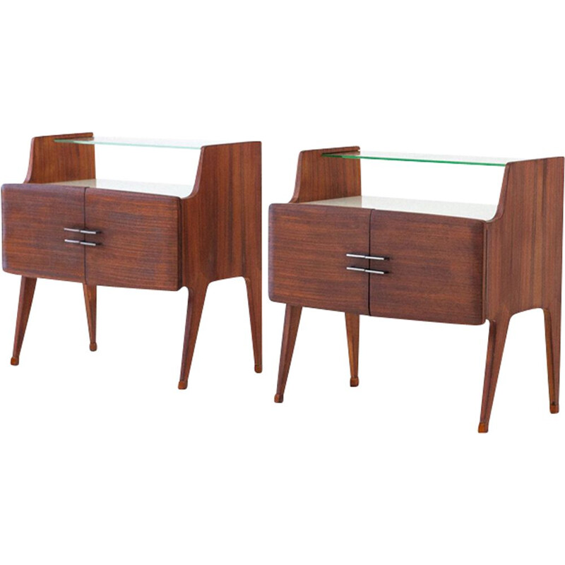 Pair of vintage Italian night stands in wood and glass
