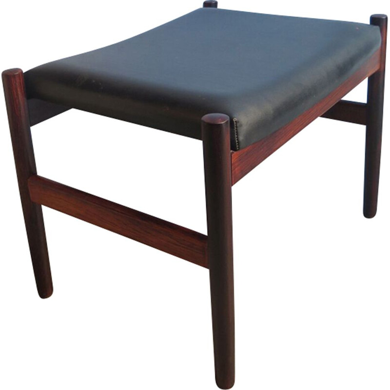 Vintage stool made of rosewood and faux black leather