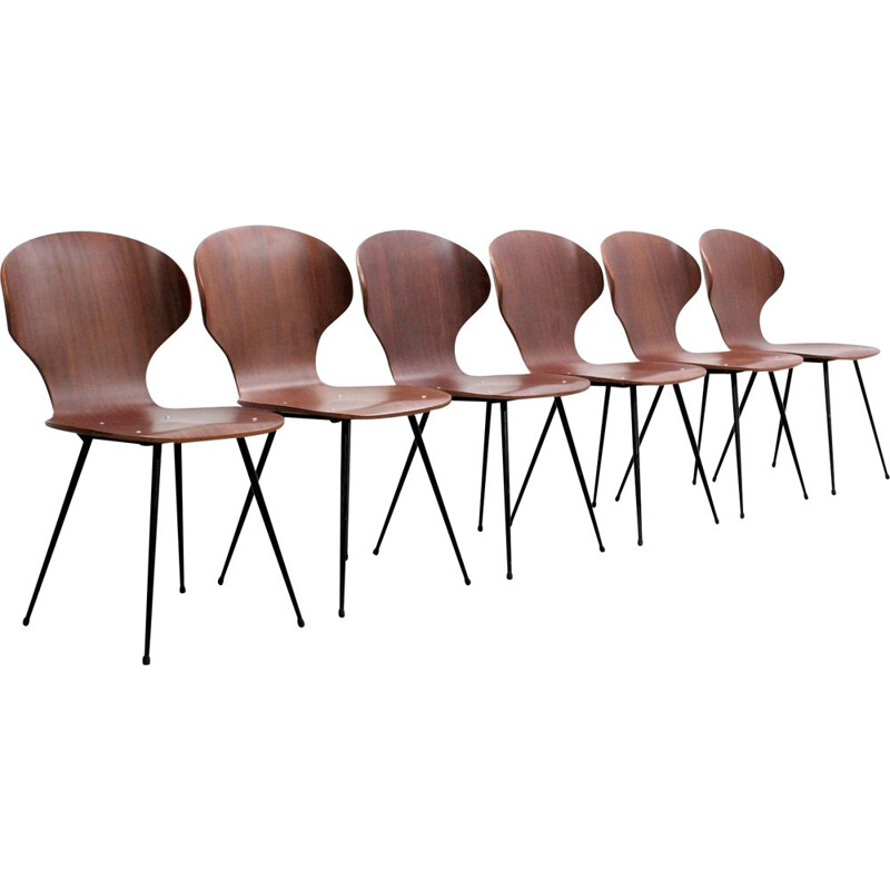 Ensemble de 6 chaises à repas vintage Carlo Ratti en teck et métal