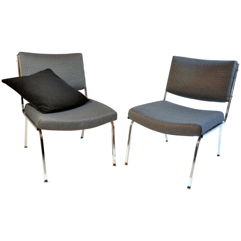 Pair of vintage low chairs in black and white fabric and chromed metal - 1960s