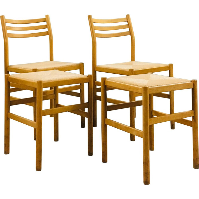 Set of 2 vintage chairs and 2 stools in beech and straw by Pierre Gautier Delaye