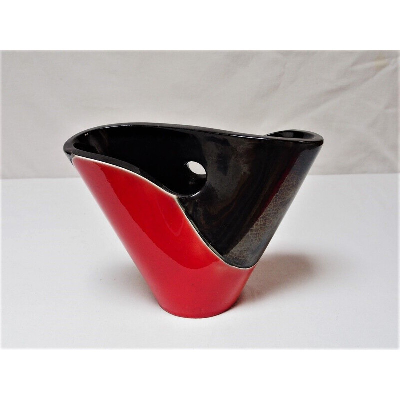 Vintage two-tone red and black iridescent vase by Elchinger, France 1960