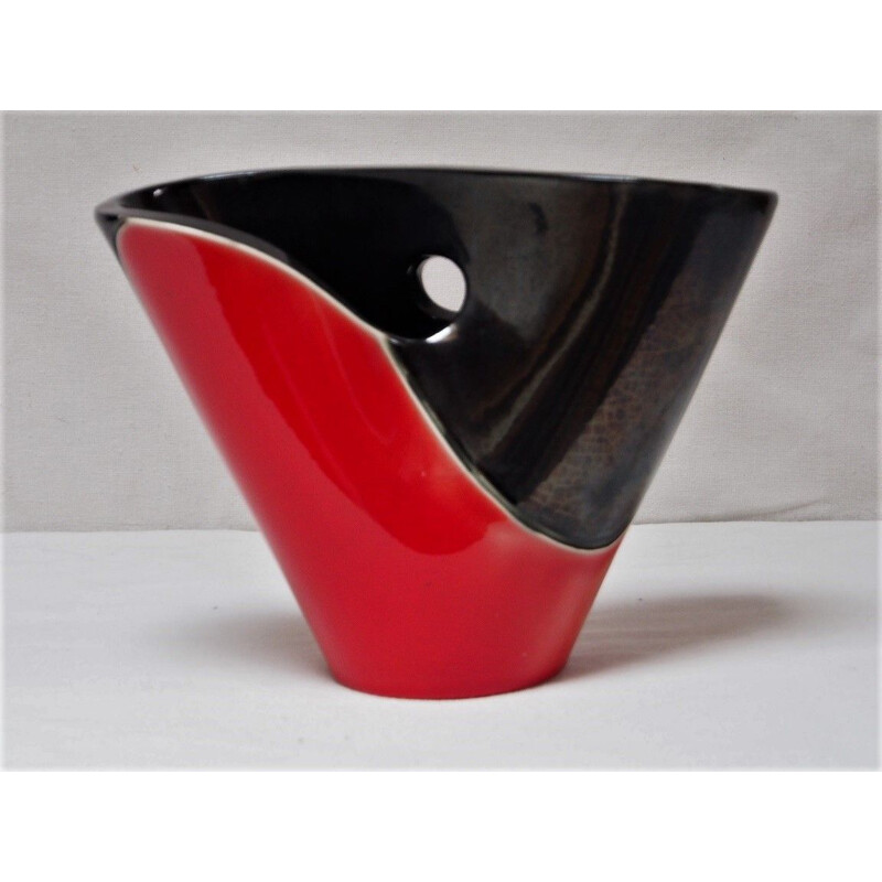 Vintage vaso iridescente de dois tons vermelho e preto de Elchinger, França 1960