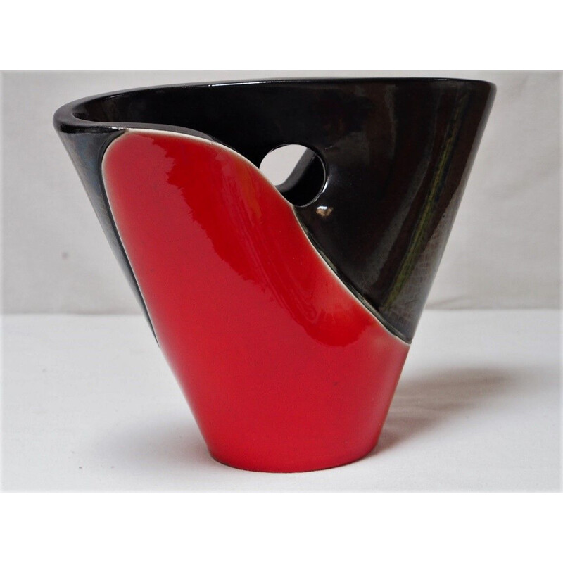 Vintage two-tone red and black iridescent vase by Elchinger, France 1960