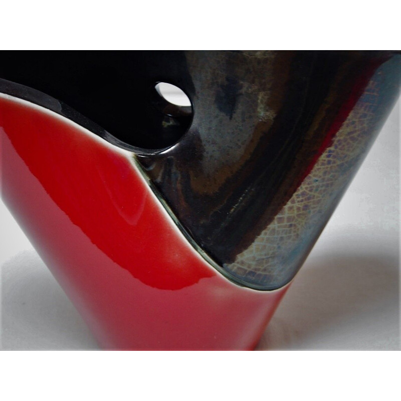 Zweifarbige Vintage-Vase in Rot und Schwarz, irisiert von Elchinger, Frankreich 1960