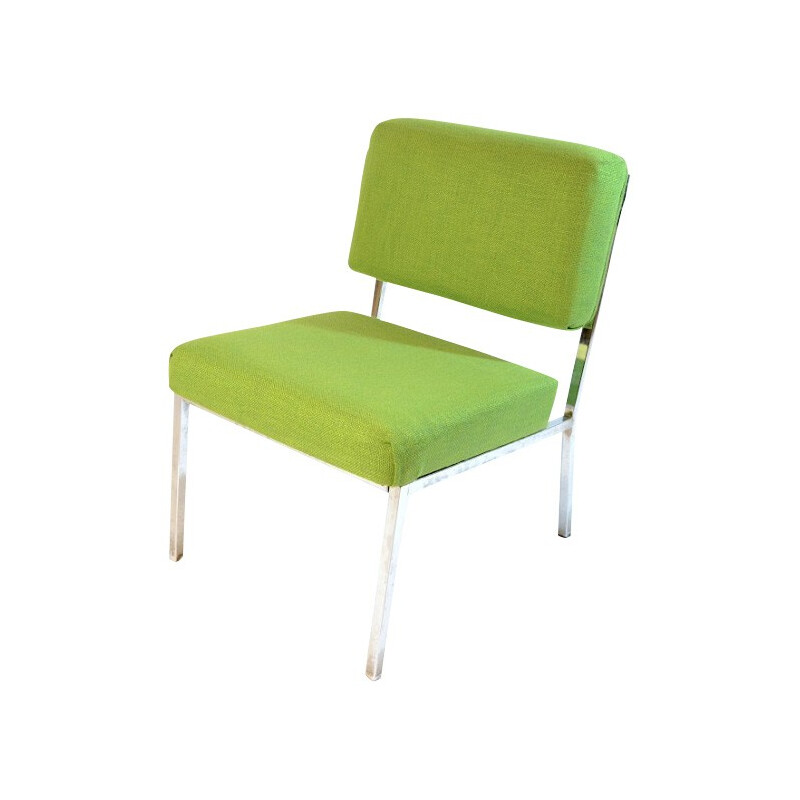 Vintage low chair in green fabric and chromed metal - 1970s