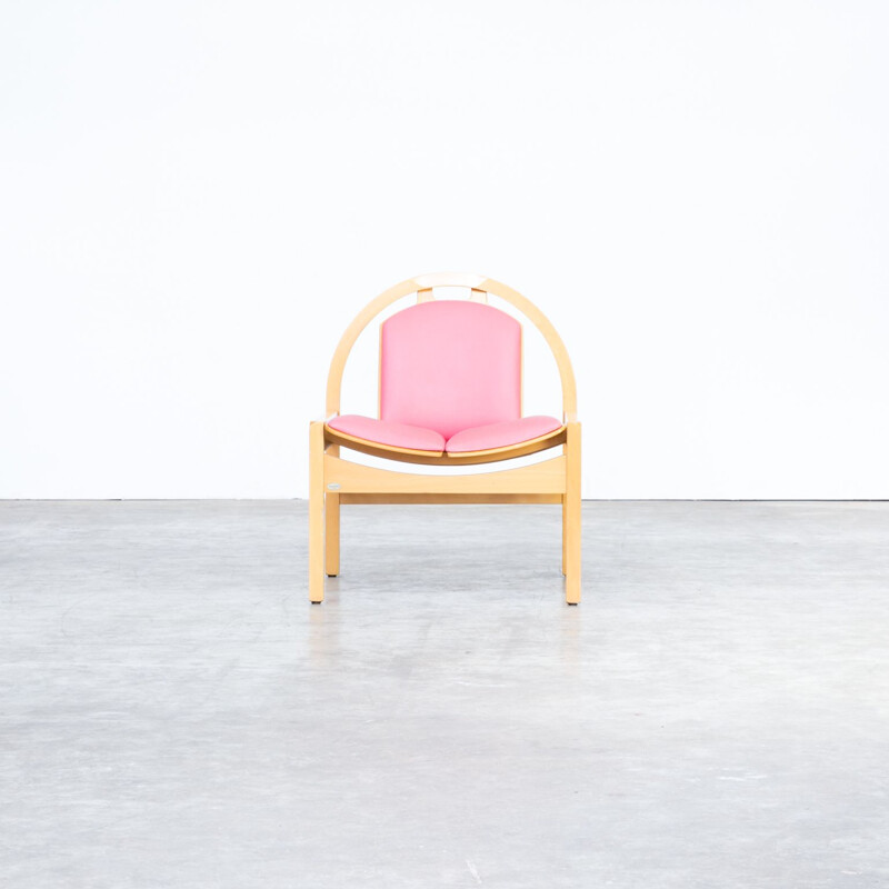 Vintage lounge chair argos in plywood and pink fabric for Baumann