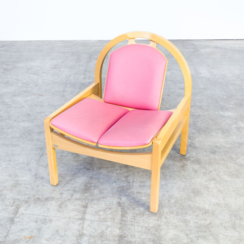 Vintage lounge chair argos in plywood and pink fabric for Baumann