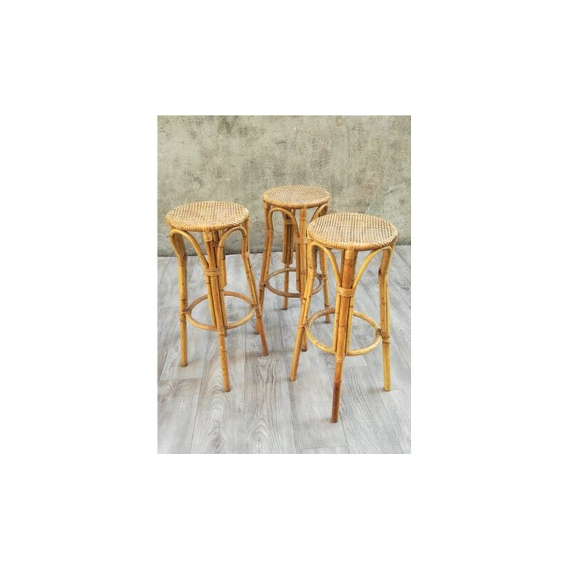 Set of 3 vintage rattan and bamboo stools