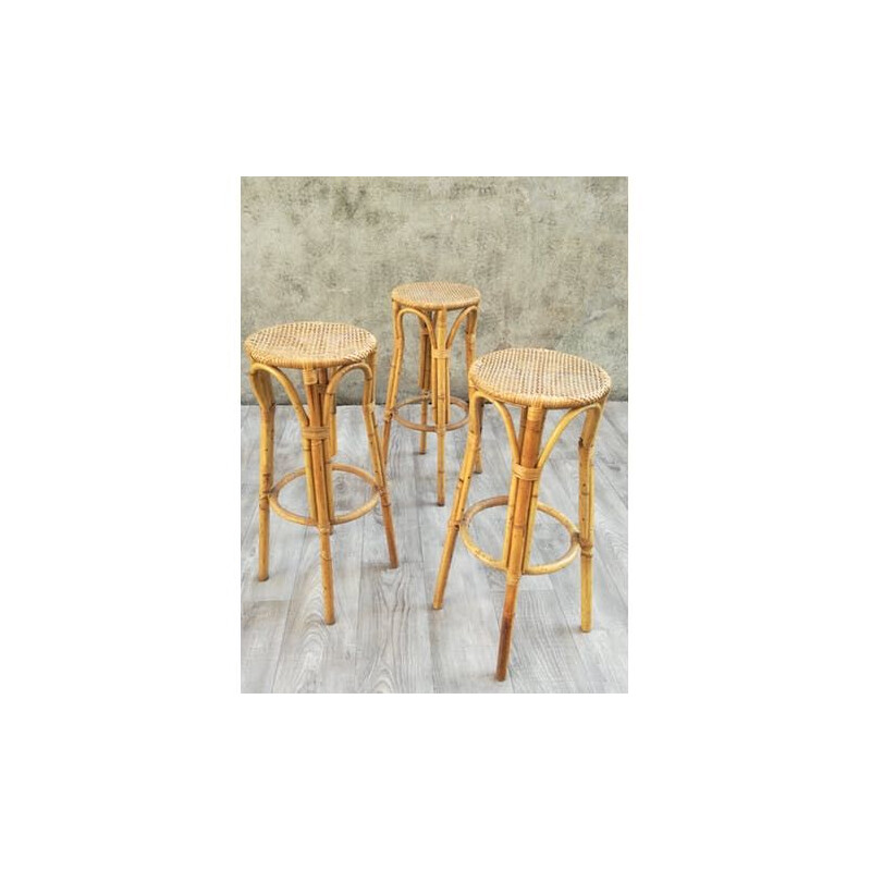 Set of 3 vintage rattan and bamboo stools