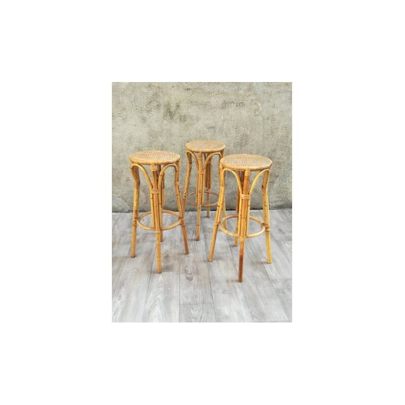 Set of 3 vintage rattan and bamboo stools