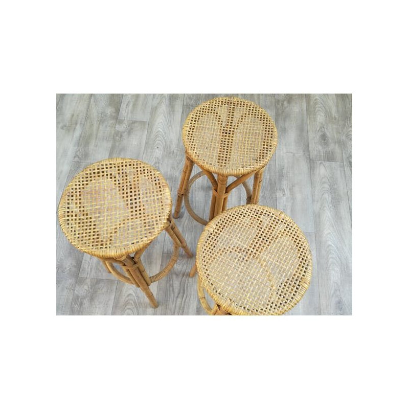 Set of 3 vintage rattan and bamboo stools