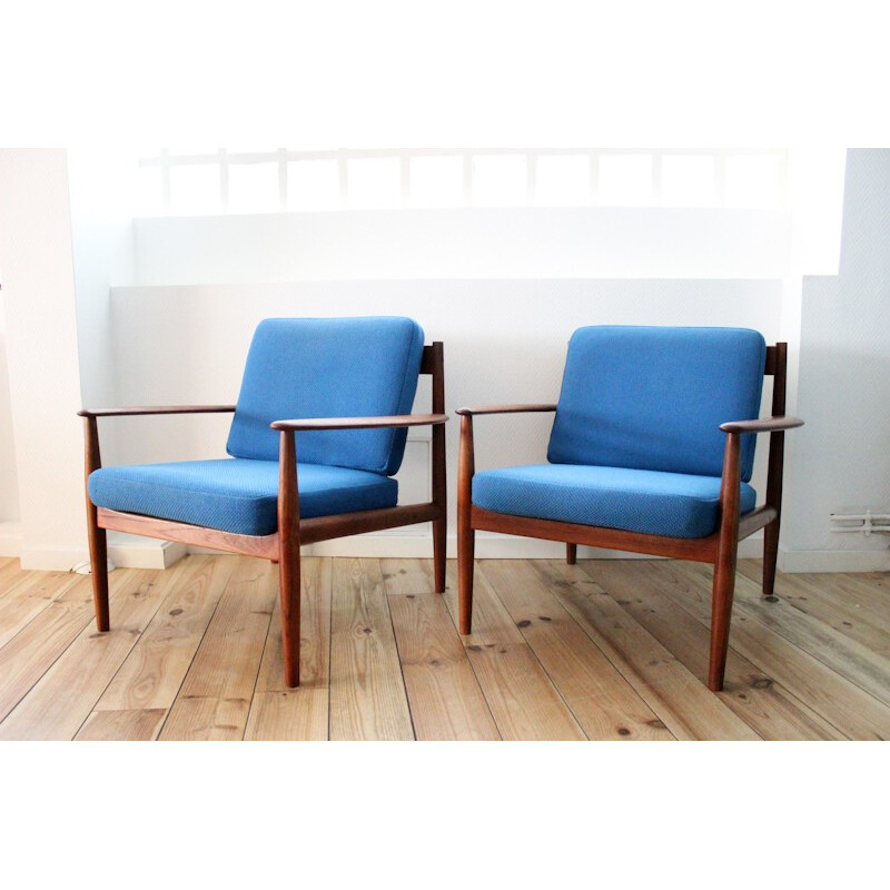 Pair of 118 Scandinavian armchairs in teak and wool, Grete JALK, France & Son edition - 1950s