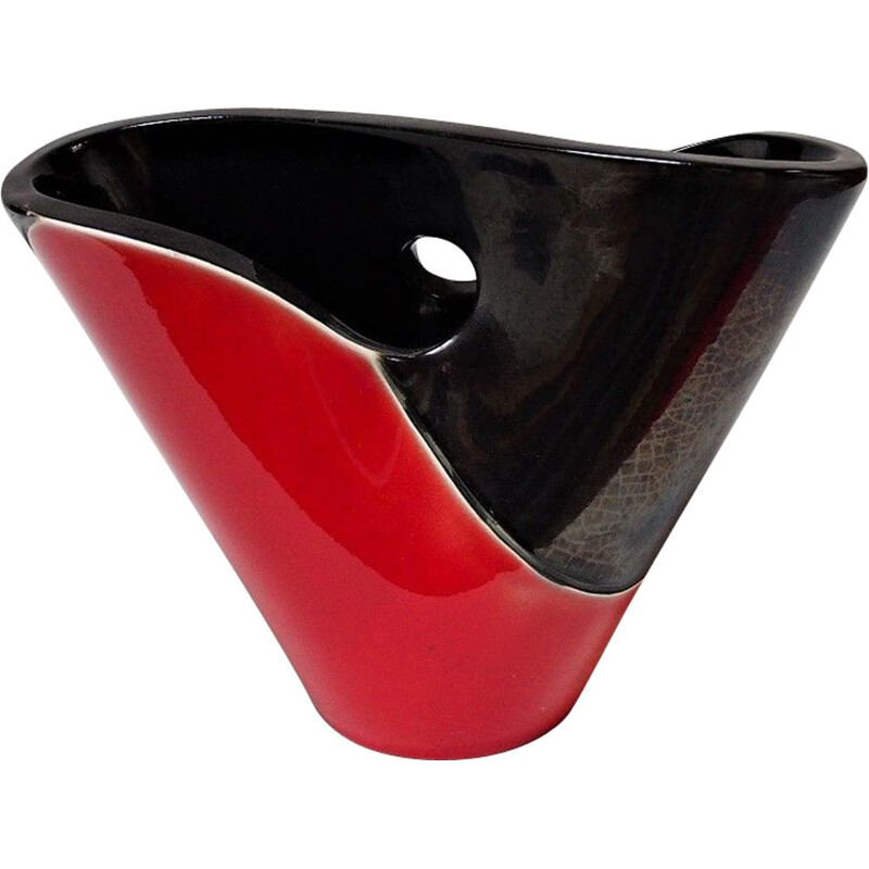 Vintage two-tone red and black iridescent vase by Elchinger, France 1960