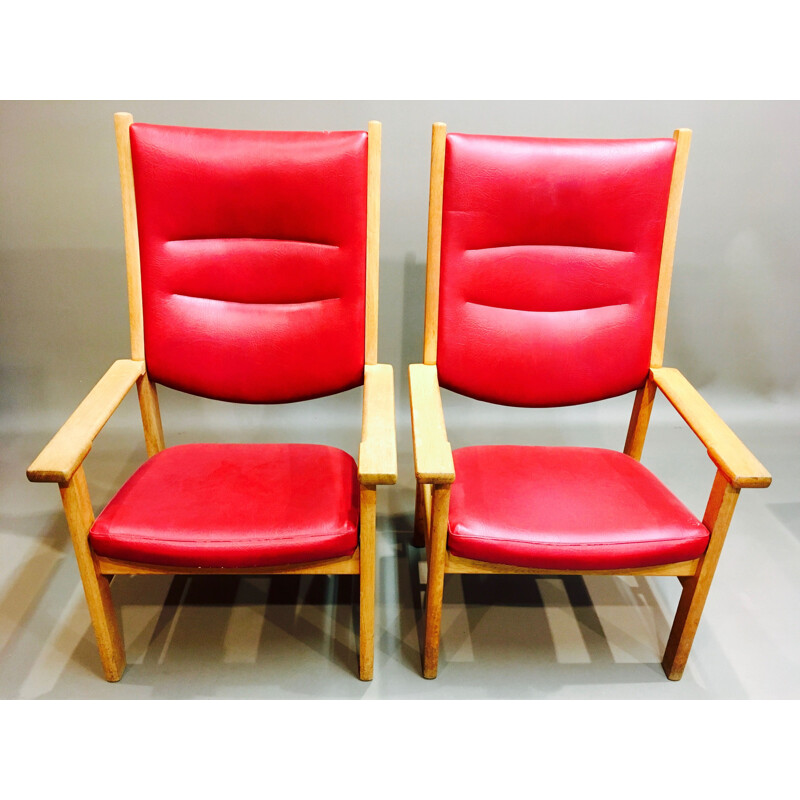 Suite de 2 fauteuils vintage rouges par Hans Wegner