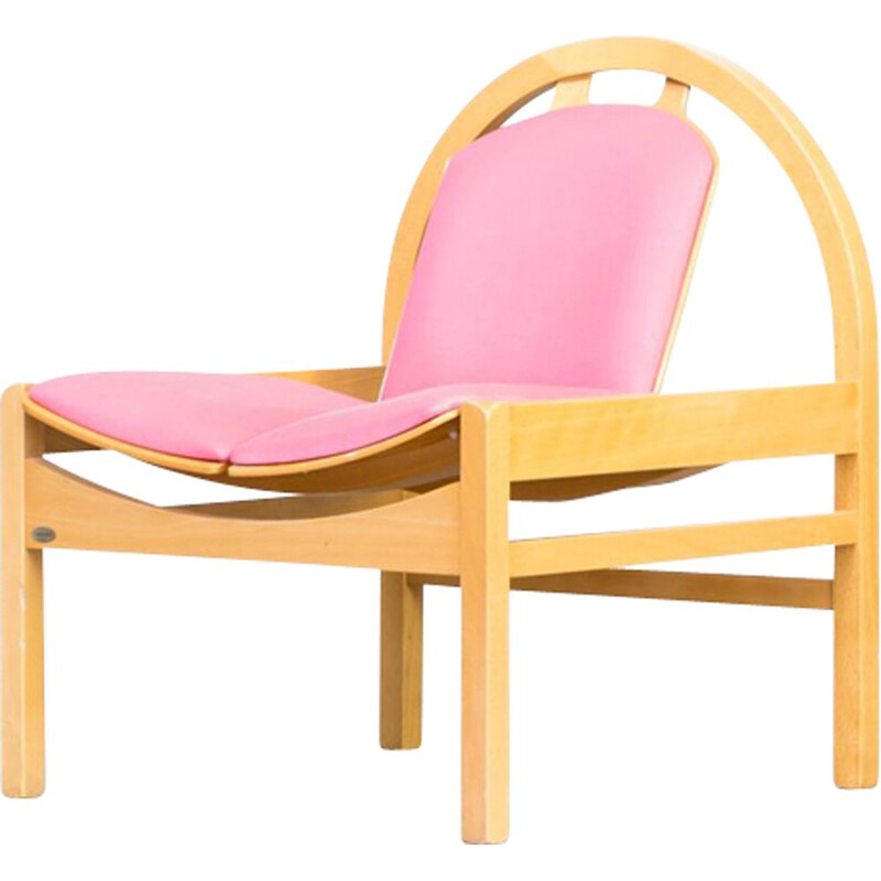 Vintage lounge chair argos in plywood and pink fabric for Baumann