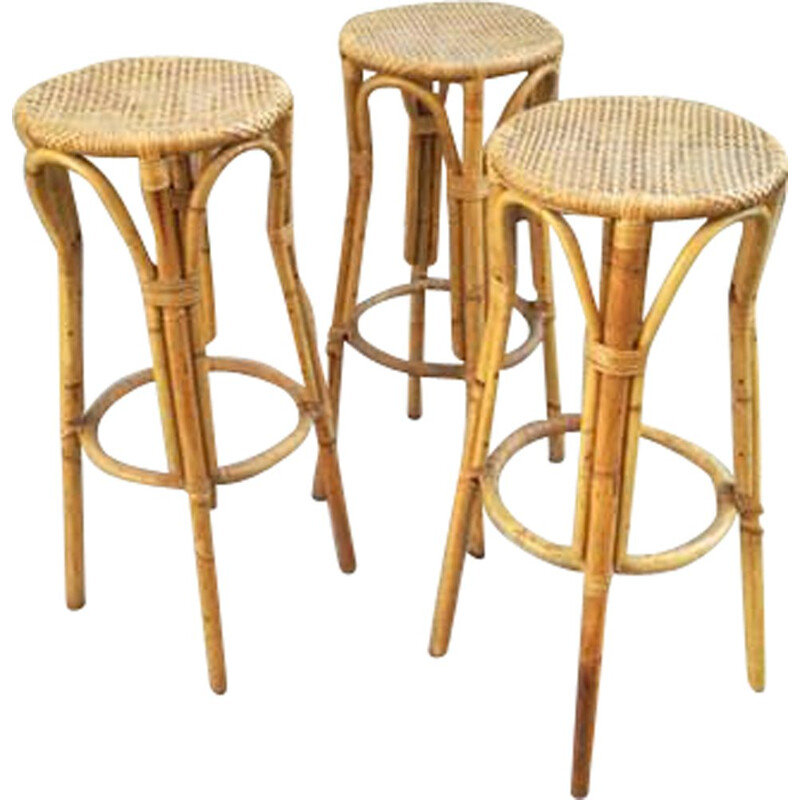 Set of 3 vintage rattan and bamboo stools