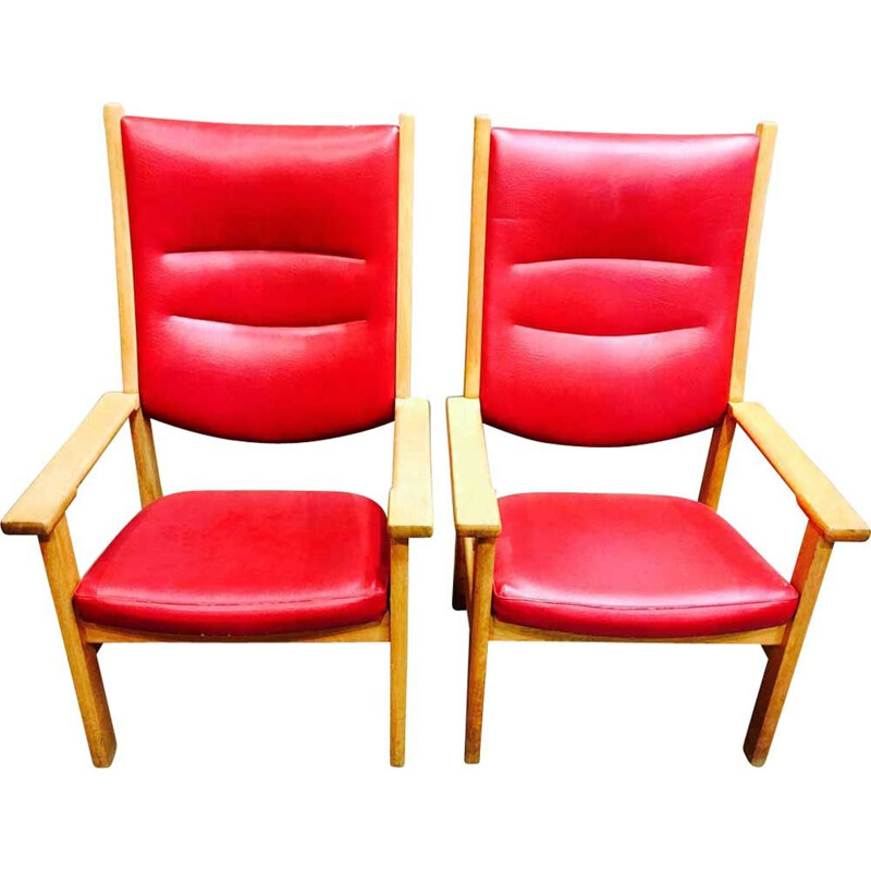 Set of 2 red vintage armchairs by Hans Wegner