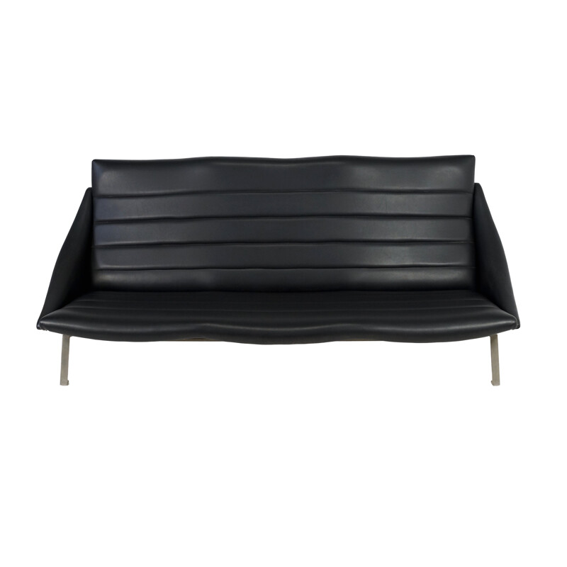 Dutch vintage sofa in black leatherette and chromed metal - 1950s