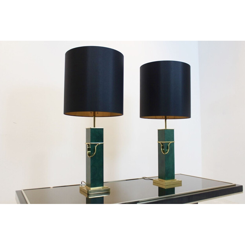Set of 2 vintage green table lamps in brass