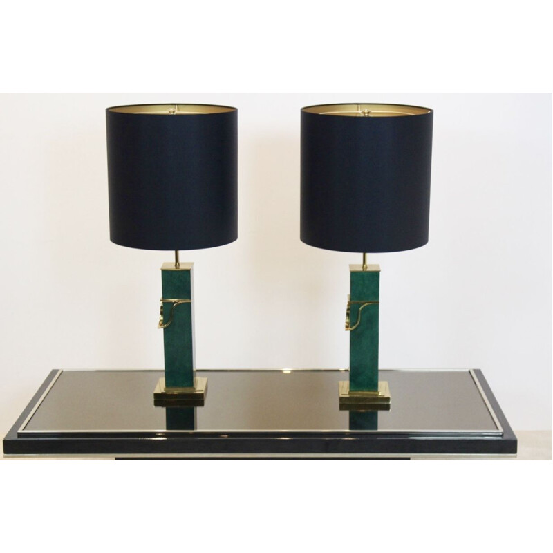 Set of 2 vintage green table lamps in brass