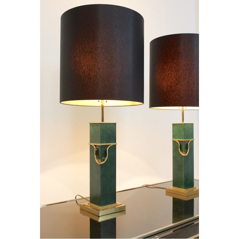 Set of 2 vintage green table lamps in brass