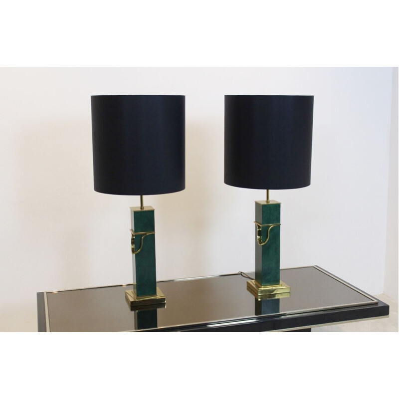 Set of 2 vintage green table lamps in brass