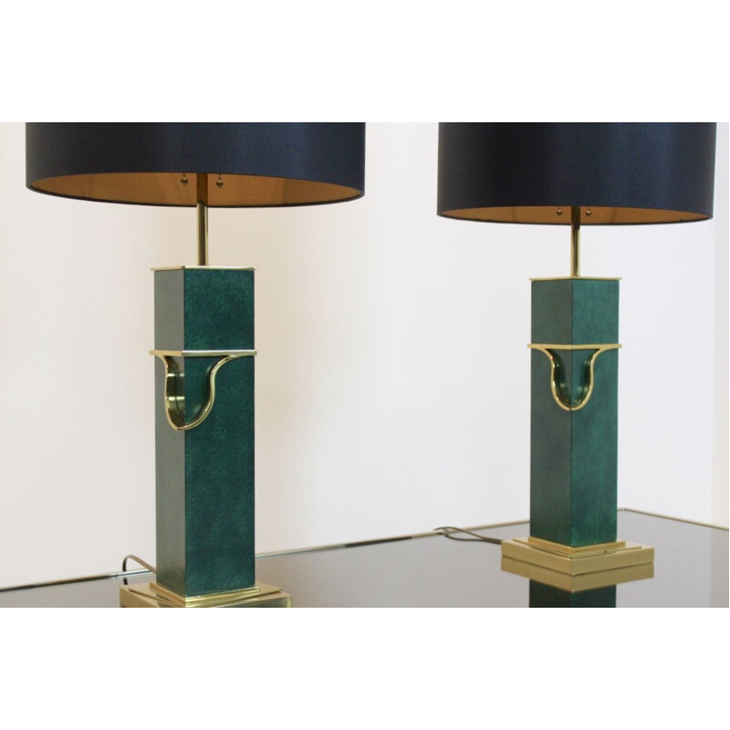 Set of 2 vintage green table lamps in brass