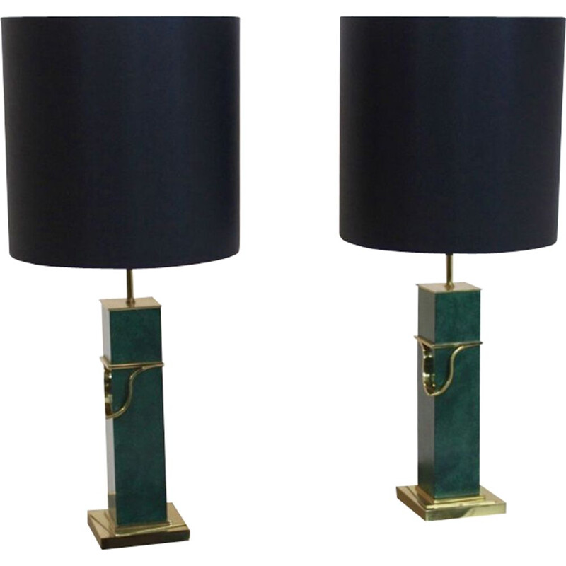 Juego de 2 lámparas de mesa vintage de color verde en latón