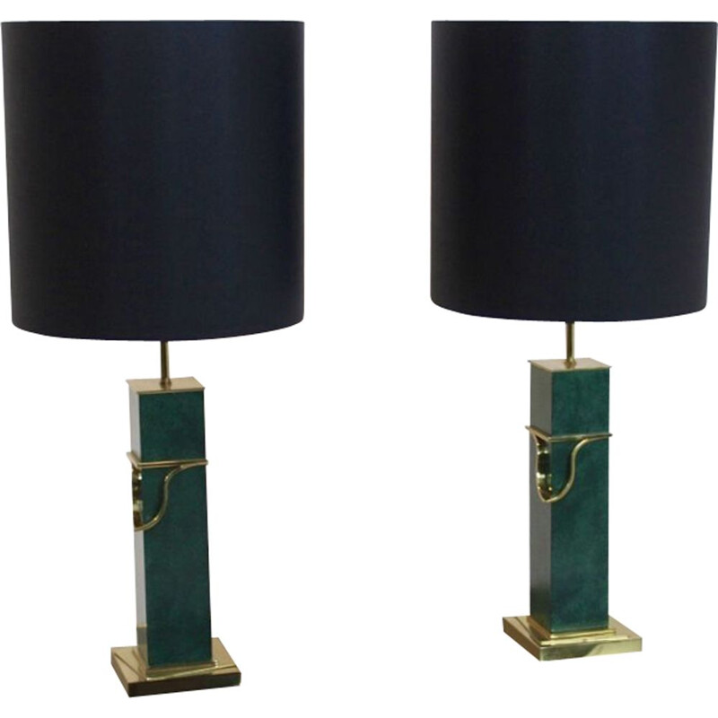 Set of 2 vintage green table lamps in brass