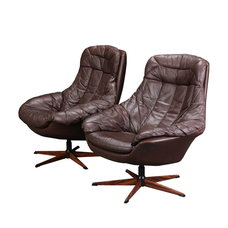 Pair of armchairs in brown leather, rosewood and metal, H.W KLEIN - 1970s