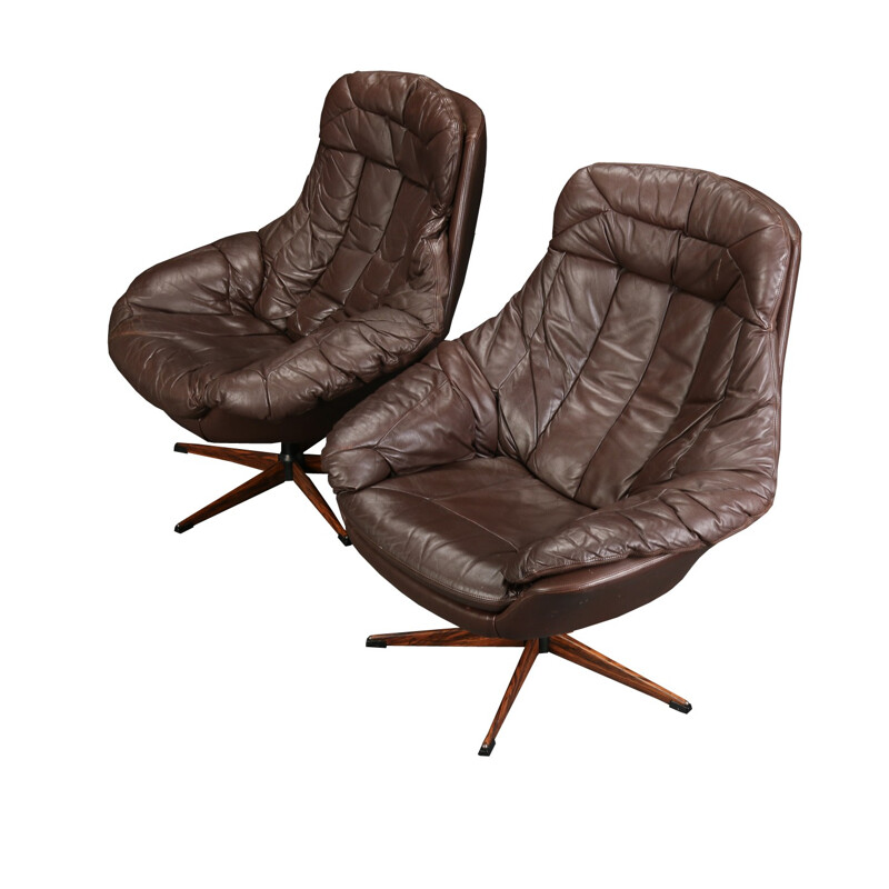Pair of armchairs in brown leather, rosewood and metal, H.W KLEIN - 1970s