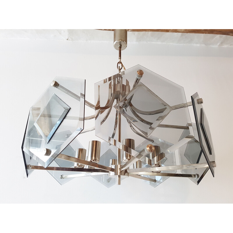 Vintage glass and steel chandelier by Sische, 1980