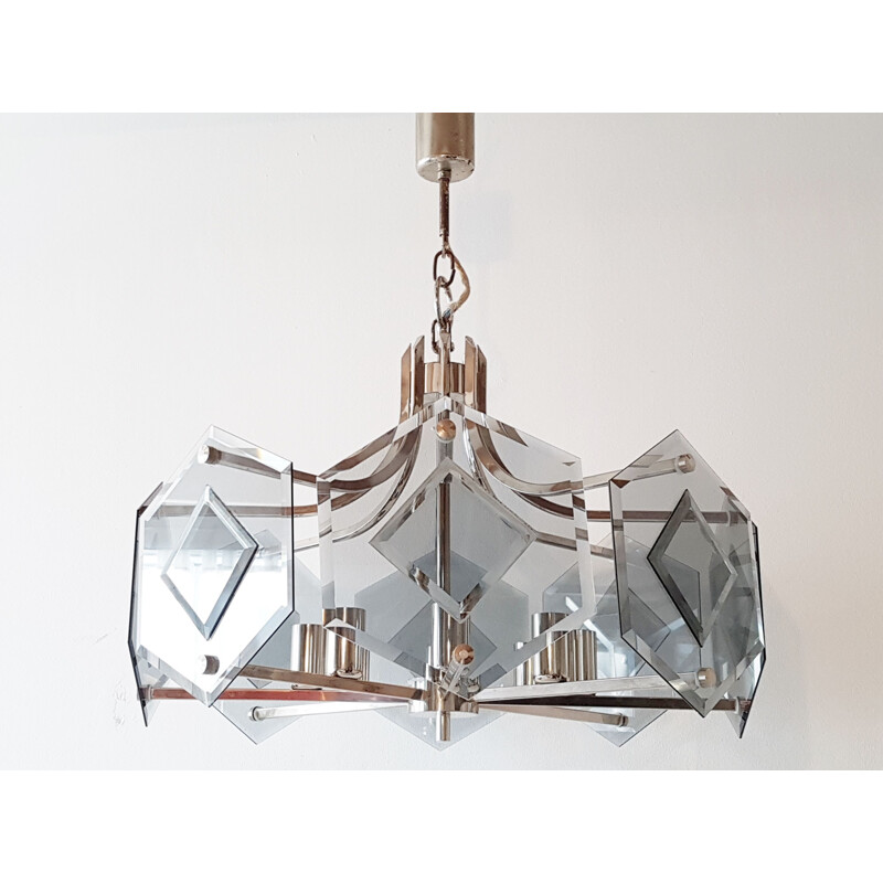 Vintage glass and steel chandelier by Sische, 1980