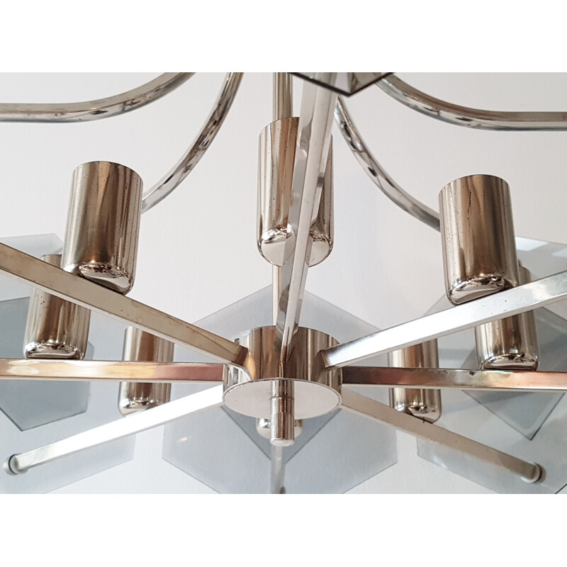 Vintage glass and steel chandelier by Sische, 1980