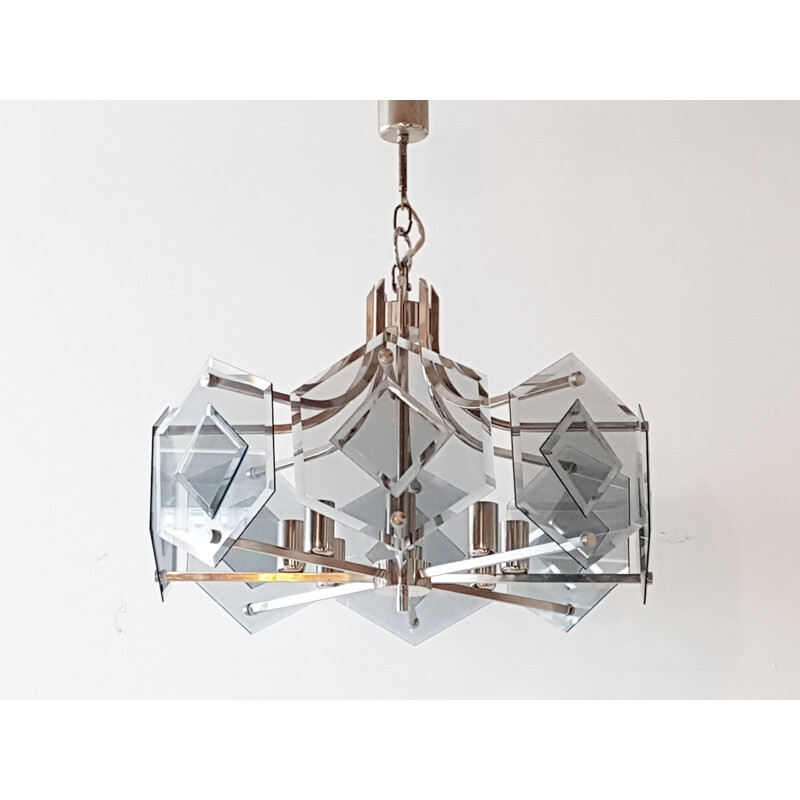 Vintage glass and steel chandelier by Sische, 1980