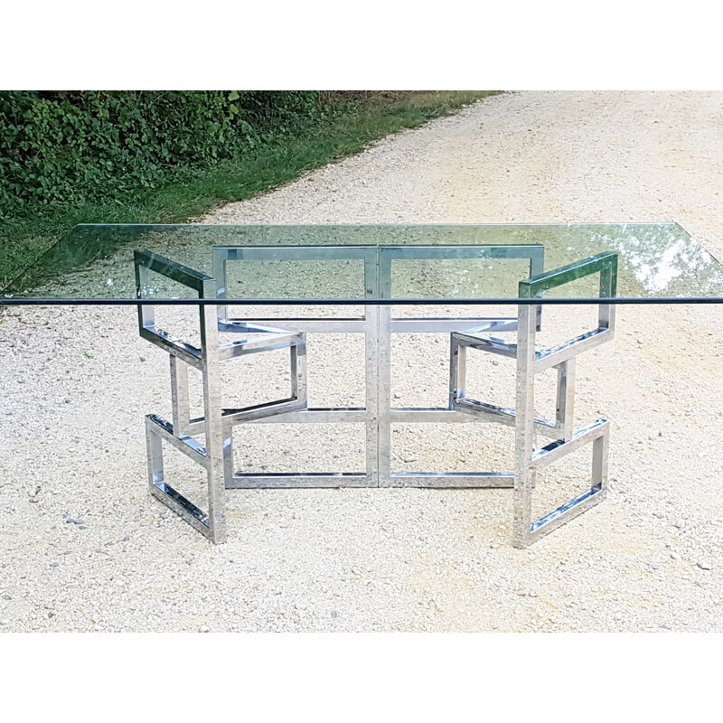 Vintage dining table in steel and glass 1970