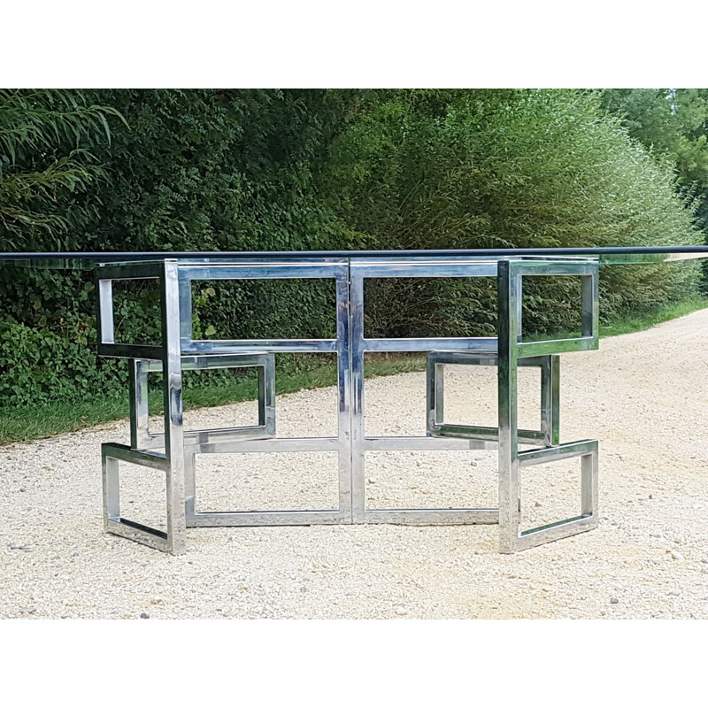 Vintage dining table in steel and glass 1970