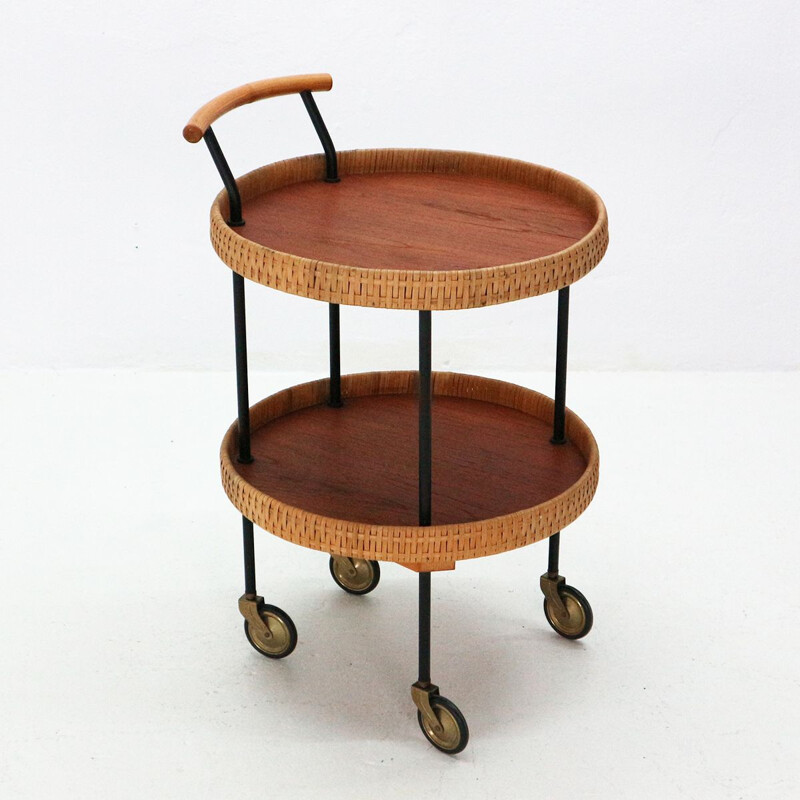 Vintage serving cart in teak and rattan from Germany 1950s