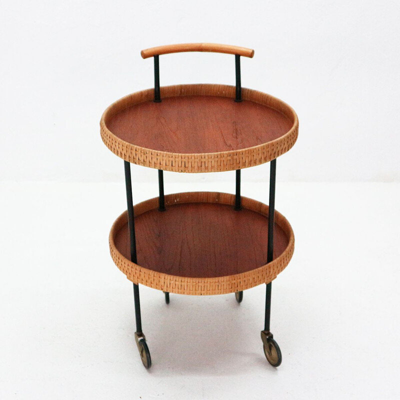 Vintage serving cart in teak and rattan from Germany 1950s