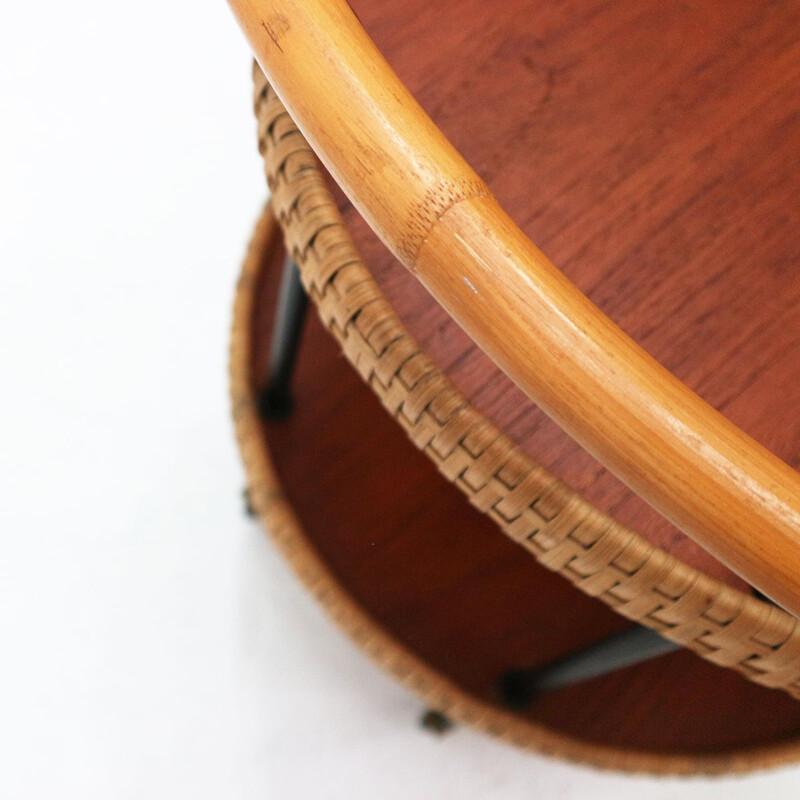 Vintage serving cart in teak and rattan from Germany 1950s